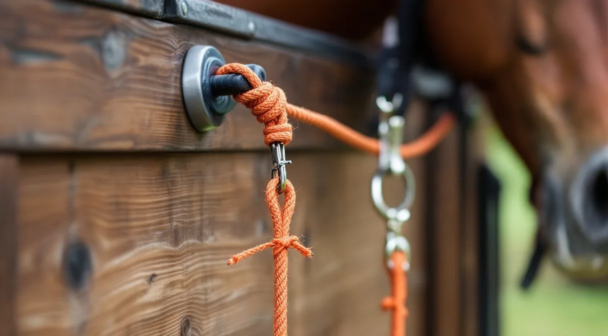Anbindestrick mit Haken an einem Anbindering an der Stallwand