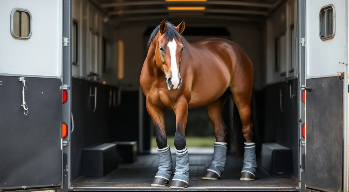 Pferd mit Transportgamaschen steht ruhig in einem Pferdeanhänger