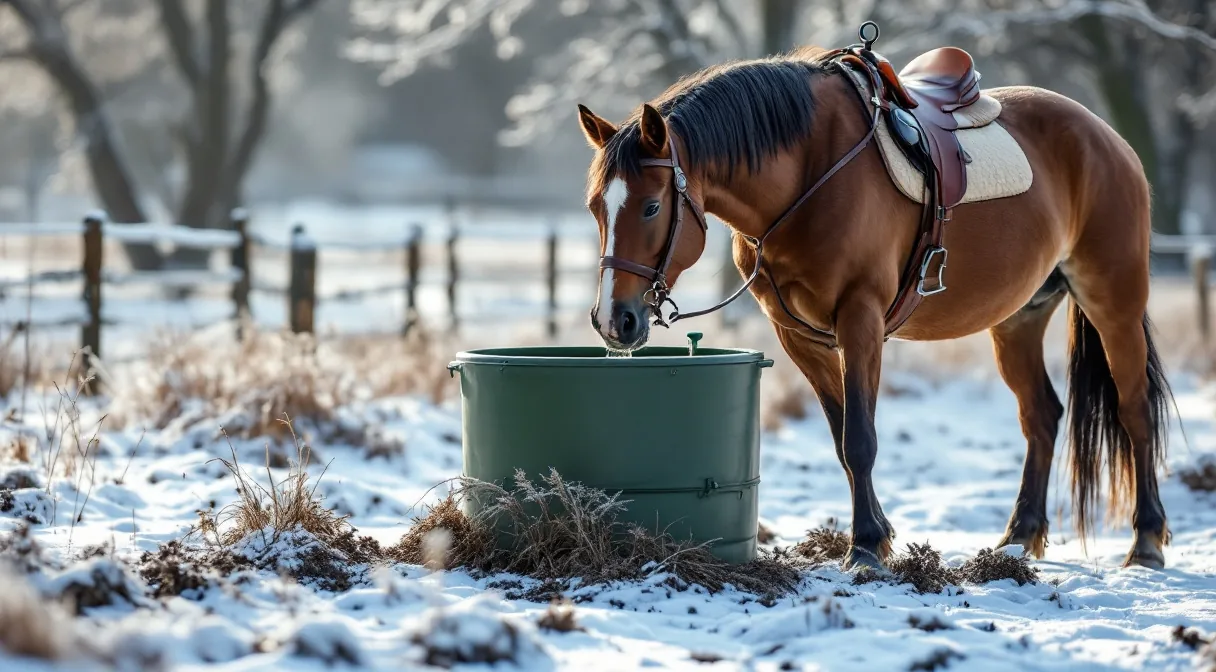 Pferd trinkt auf einer verschneiten Koppel aus einem Wasserbehälter