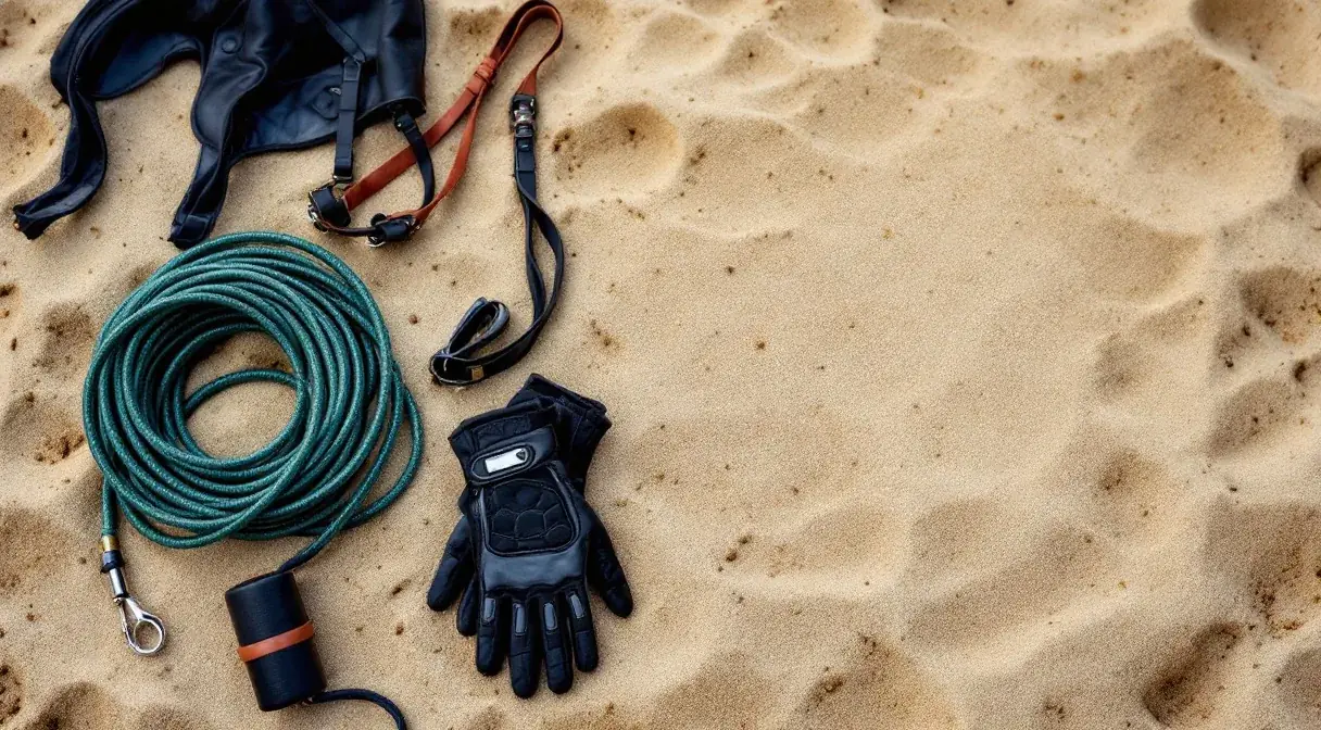 Longe, Handschuhe und Gurt liegen im Sand eines Reitplatzes