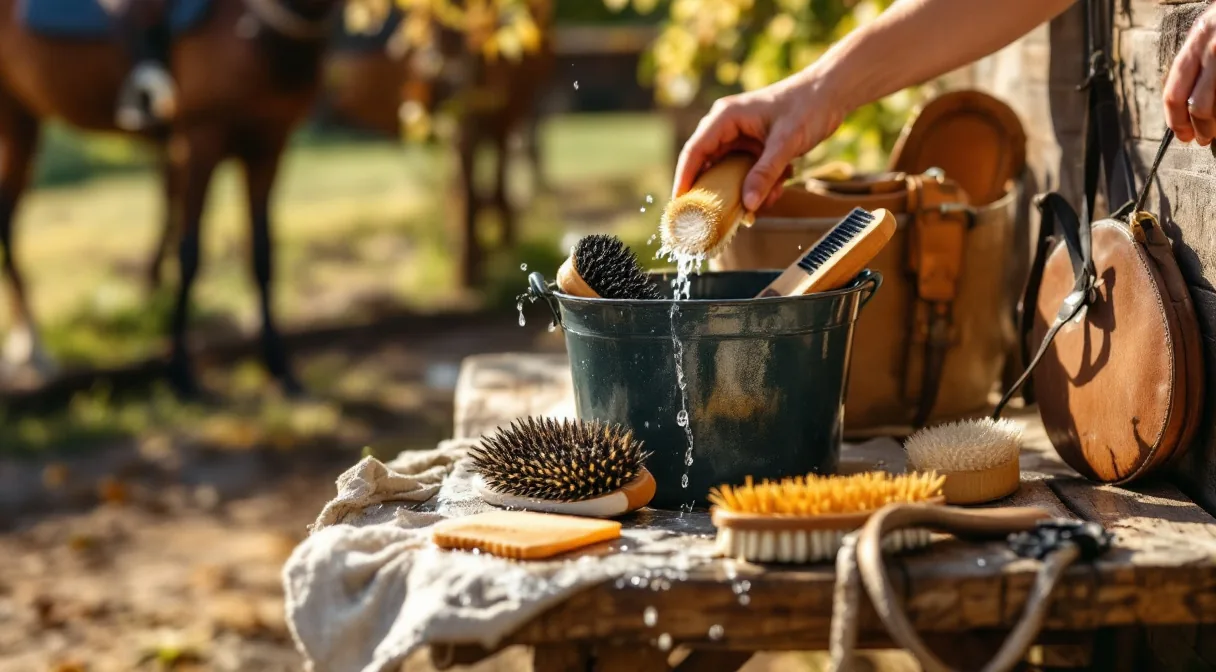 Bürsten werden in einem Eimer mit Wasser gewaschen und zum Trocknen ausgelegt